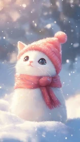 Winter Kitten in Pink Beanie and Scarf Amidst Snowfall.