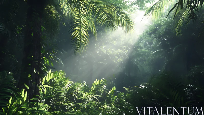 Tropical forest canopy with sunlight filtering through palm fronds