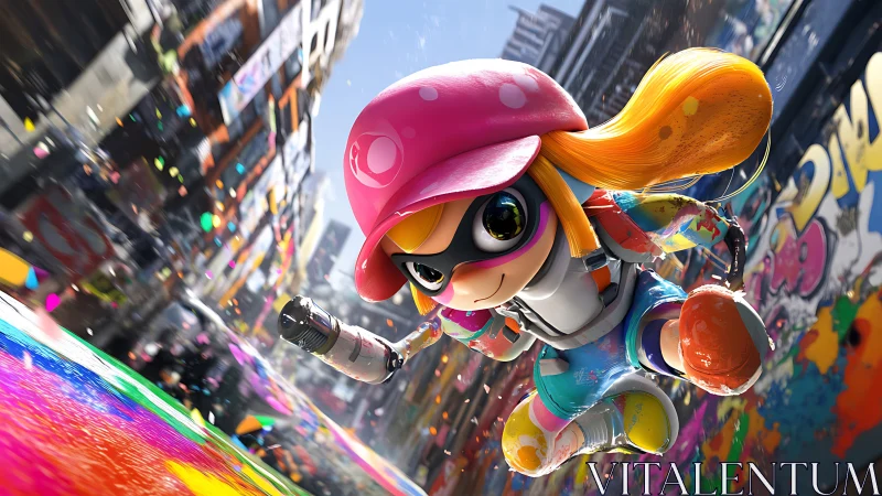 Joyful ink-splashed skater racing through a neon city street.