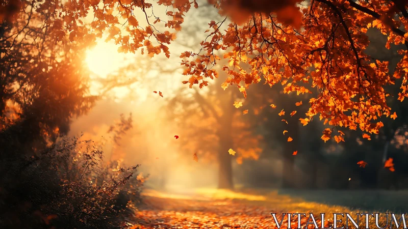 Sunlit autumn leaves drift softly through a golden hush