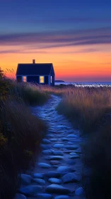 Coastal cottage at dusk beside stone path and tall grasses.