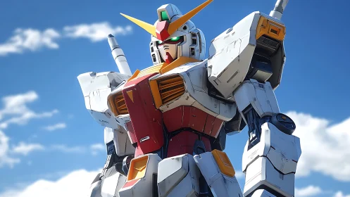 Heroic white mecha stands proudly beneath a bright blue sky