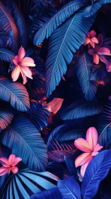 Neon-Illuminated Tropical Flora Against Deep Background.