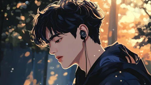 Side-profile study of pensive male listener in dusk forest light