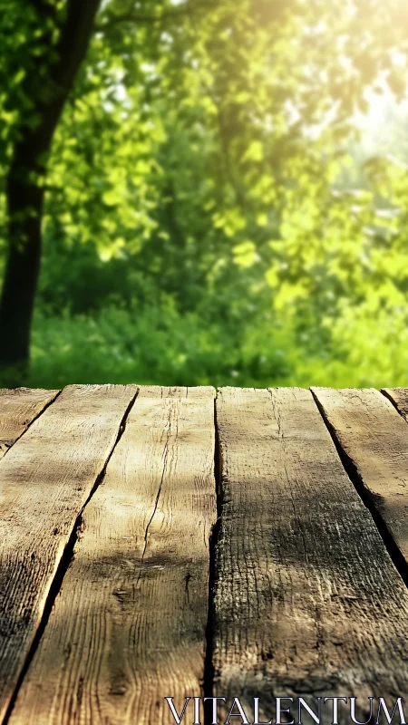 Weathered Wood Deck with Forest Canopy Backdrop