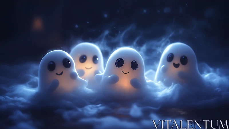 Glowing baby ghosts sharing a cozy midnight cloud party.