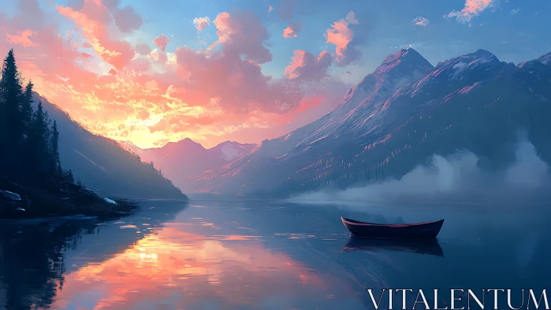 Sunrise alpine lake with rowboat and misted glacier peaks