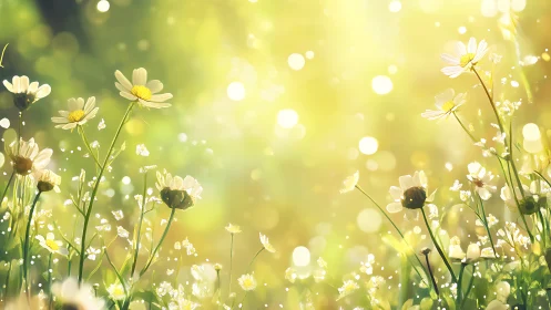 Backlit meadow daisies in high-key bokeh diffusion field.