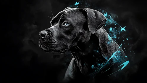 Canine portrait in high-contrast digital neon splatter style.