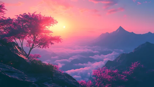 Pink mountain sunrise above clouds with lone foreground tree.
