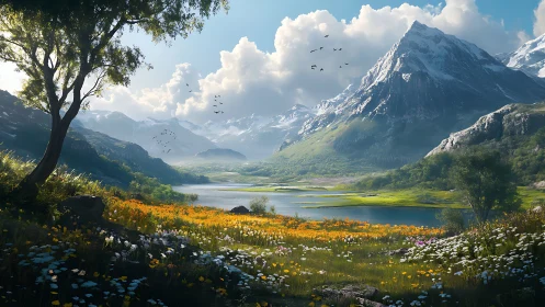 Snow-capped mountain valley with lake and wildflower meadow.