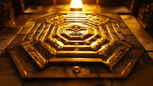 Golden labyrinth emblem glows beneath a sacred temple light