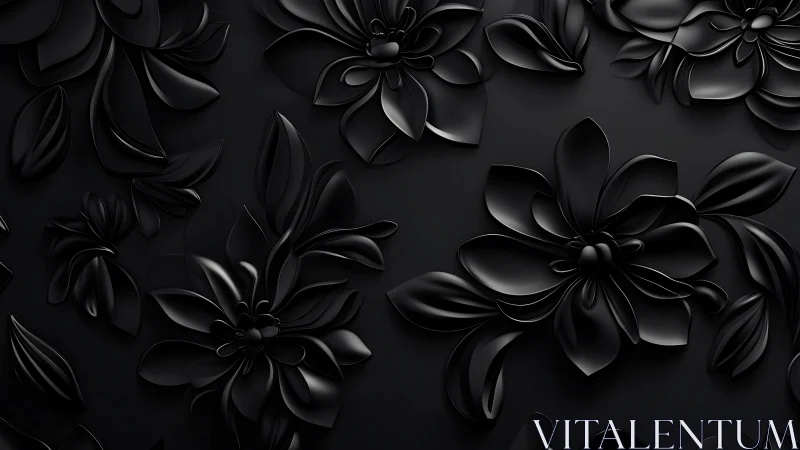 Three-dimensional floral forms rendered in monochromatic black relief.