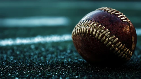 Weathered football rests on turf under cool stadium light.