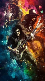 Electric rock guitarist triptych in explosive color storm.