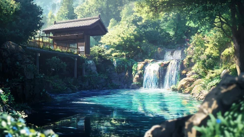 Serene riverside shrine beside clear pool and waterfall.