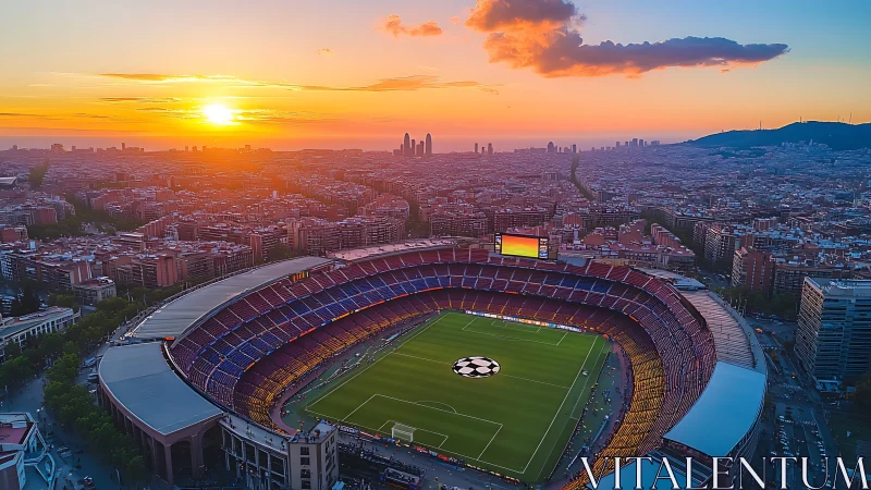 Sunset-washed city stadium glowing like a giant emerald bowl.