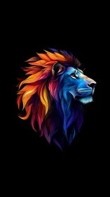 Chromatic lion gazes skyward while its neon mane blazes bright