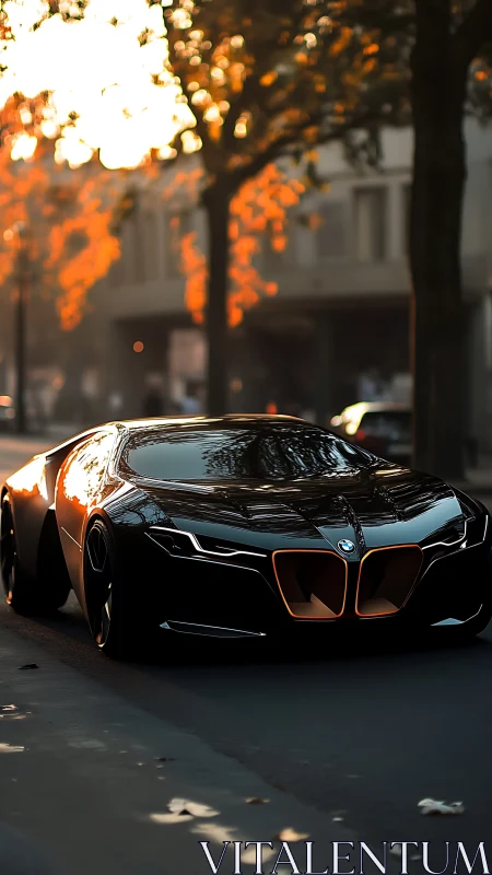 Futuristic black BMW sports car on city street at dusk