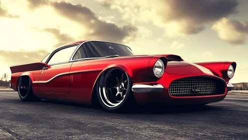 Photorealistic low-angle render of custom red retro coupe.