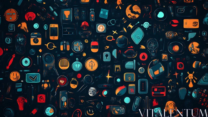 Gadgets drift like neon constellations on midnight circuitry