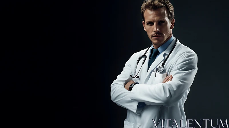 Male physician in white coat under high contrast studio lighting