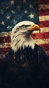 Proud bald eagle standing strong before a worn flag.