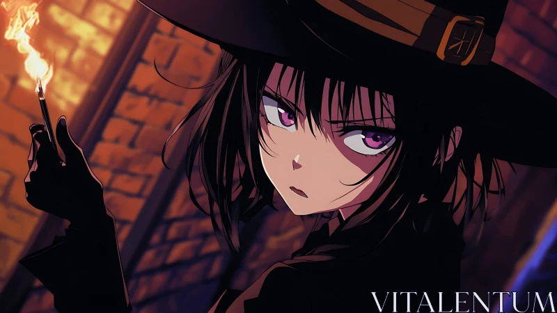 Anime witch character holds burning match in brick alleyway