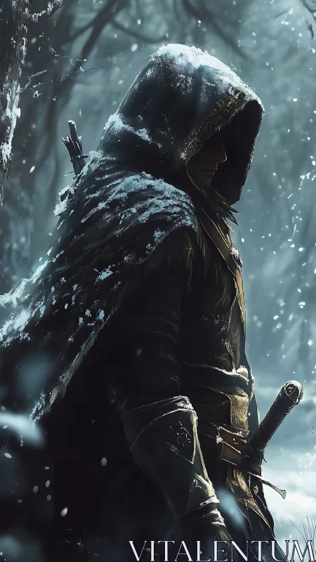 Snow‑cloaked ranger stalking silence in a frozen forest.