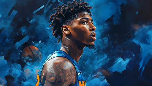 Digital portrait of focused basketball player in blue jersey.