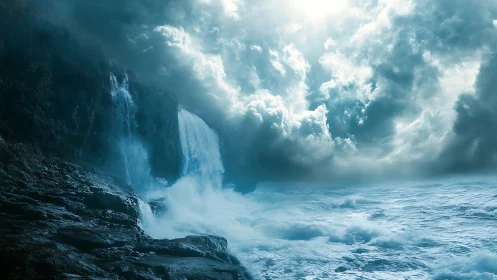 Storm-lashed ocean waterfall under luminous storm clouds.