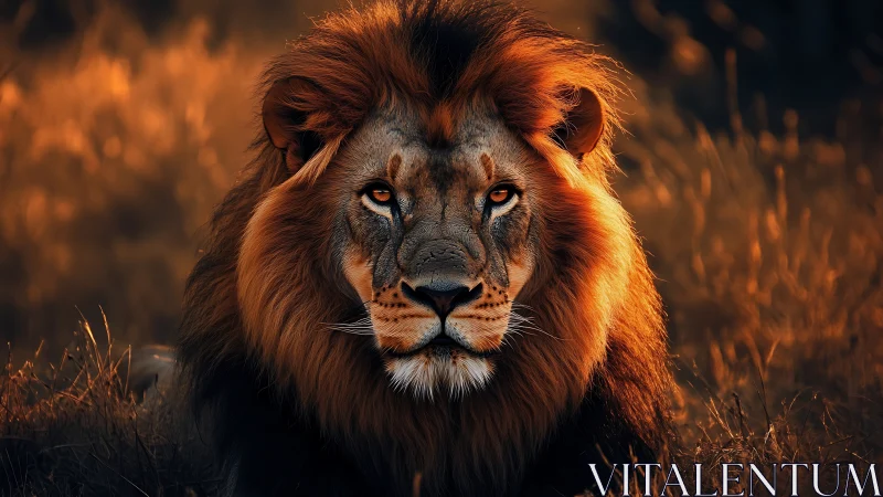 High-contrast frontal lion portrait under warm rim lighting conditions