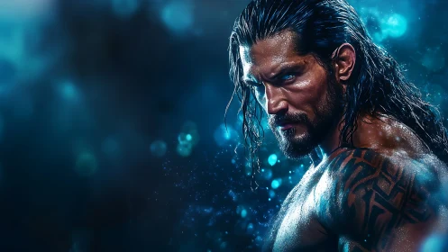 Long-haired male figure with tattoos in blue lighting.