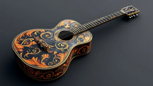 Ornate floral guitar glows with swirling golden artwork