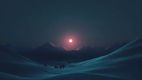 Digital painting of glacial valley under crimson polar moon.