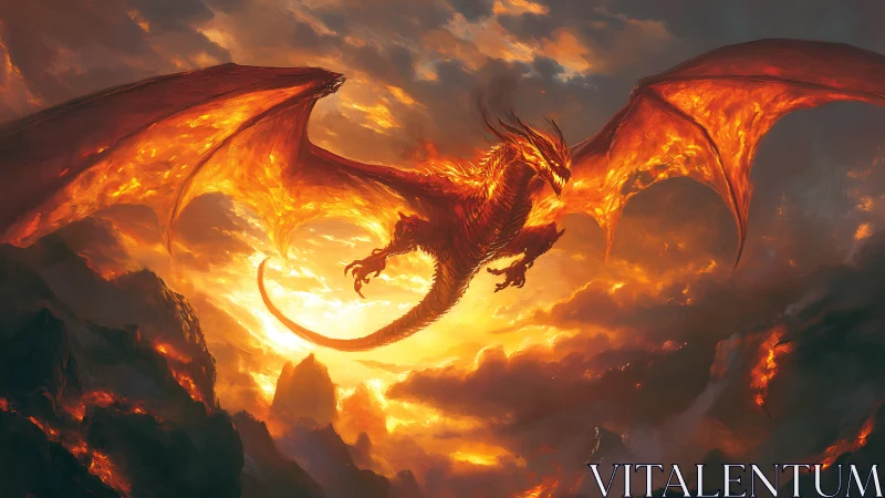 Molten fire dragon soars above blazing volcanic abyss.