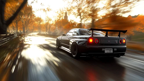 Sport coupe races through glowing autumn forest road.