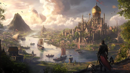 Fantasy riverside city with golden-domed palace and ships.