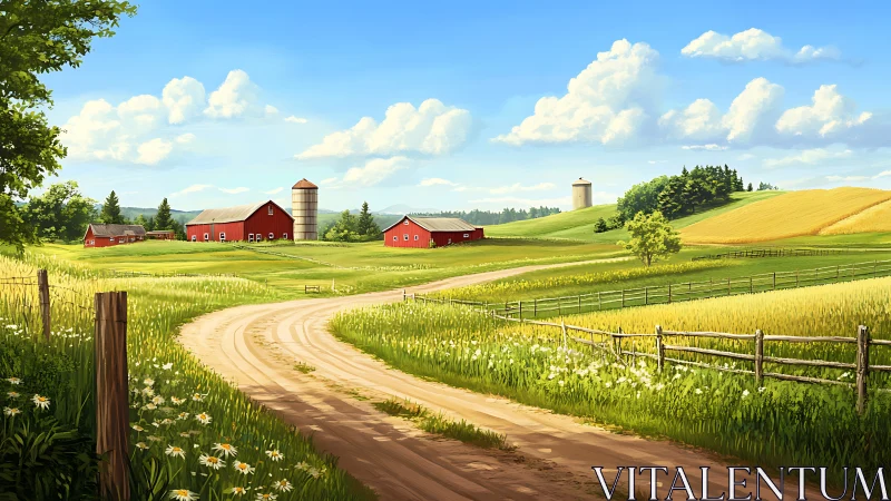 Curving country road leading toward bright red farmsteads.