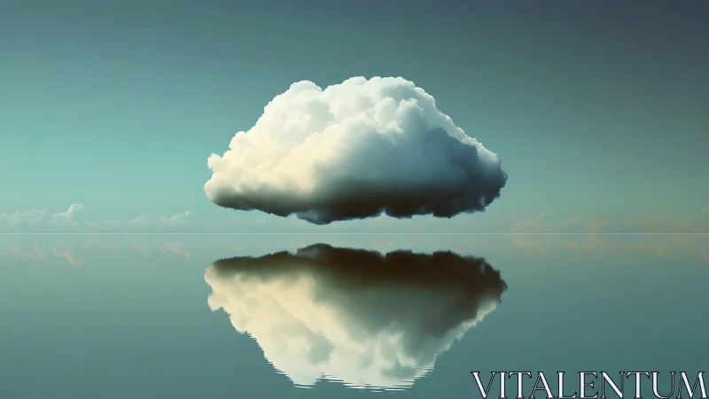 Solitary cloud mirroring over glassy horizon seascape.