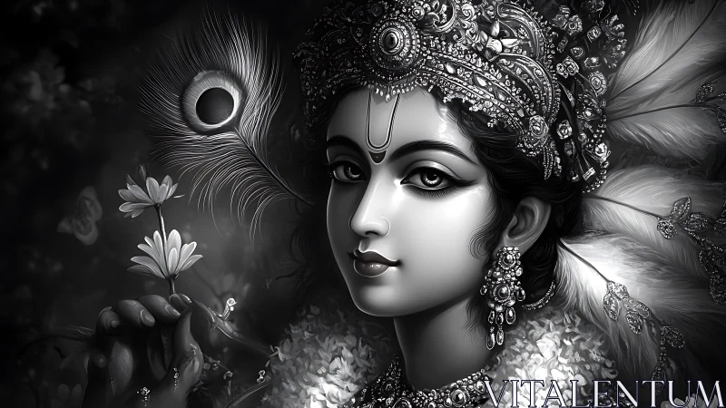 Monochrome divine portrait in ornate digital painting style.