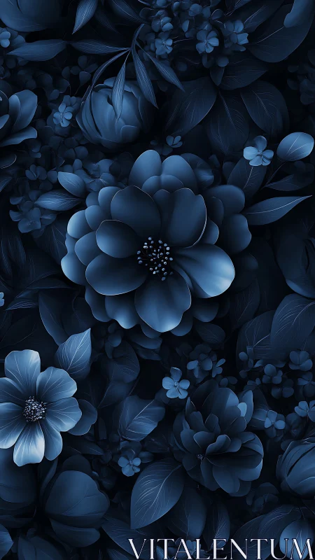 Blue floral composition with layered blooms and botanical leaves.
