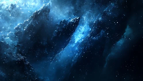 Glacial asteroid cliffs emerge through luminous deep space nebula