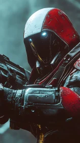 Hooded sci fi guardian with glowing eyes in misty light.