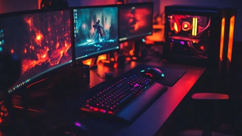 RGB gaming battlestation glows with triple ultrawide monitors.