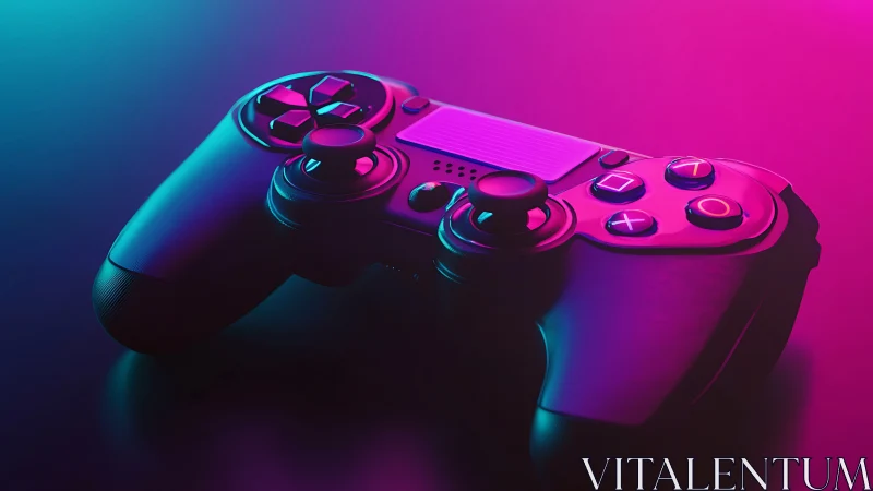 Gaming controller rendered with neon cyan and magenta gradient lighting.