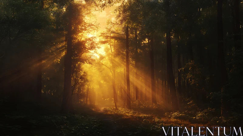 Golden Sunrise in Dense Forest with Dramatic Light Rays.