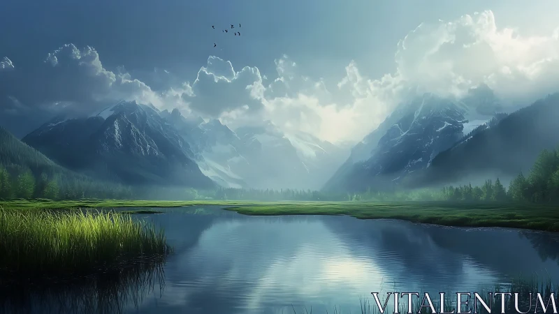 Misty alpine lake mirrors dramatic snowlit mountain peaks