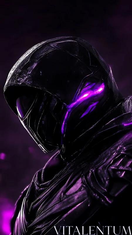 Hooded sci fi warrior in dark armor with purple light.