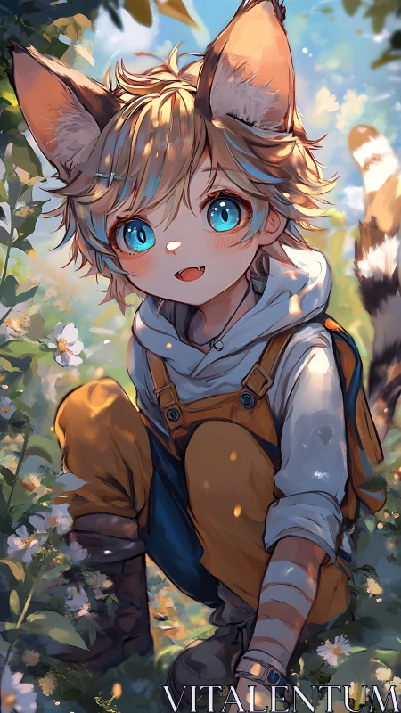 Bright-eyed catboy child in forest glade, warm daylight portrait